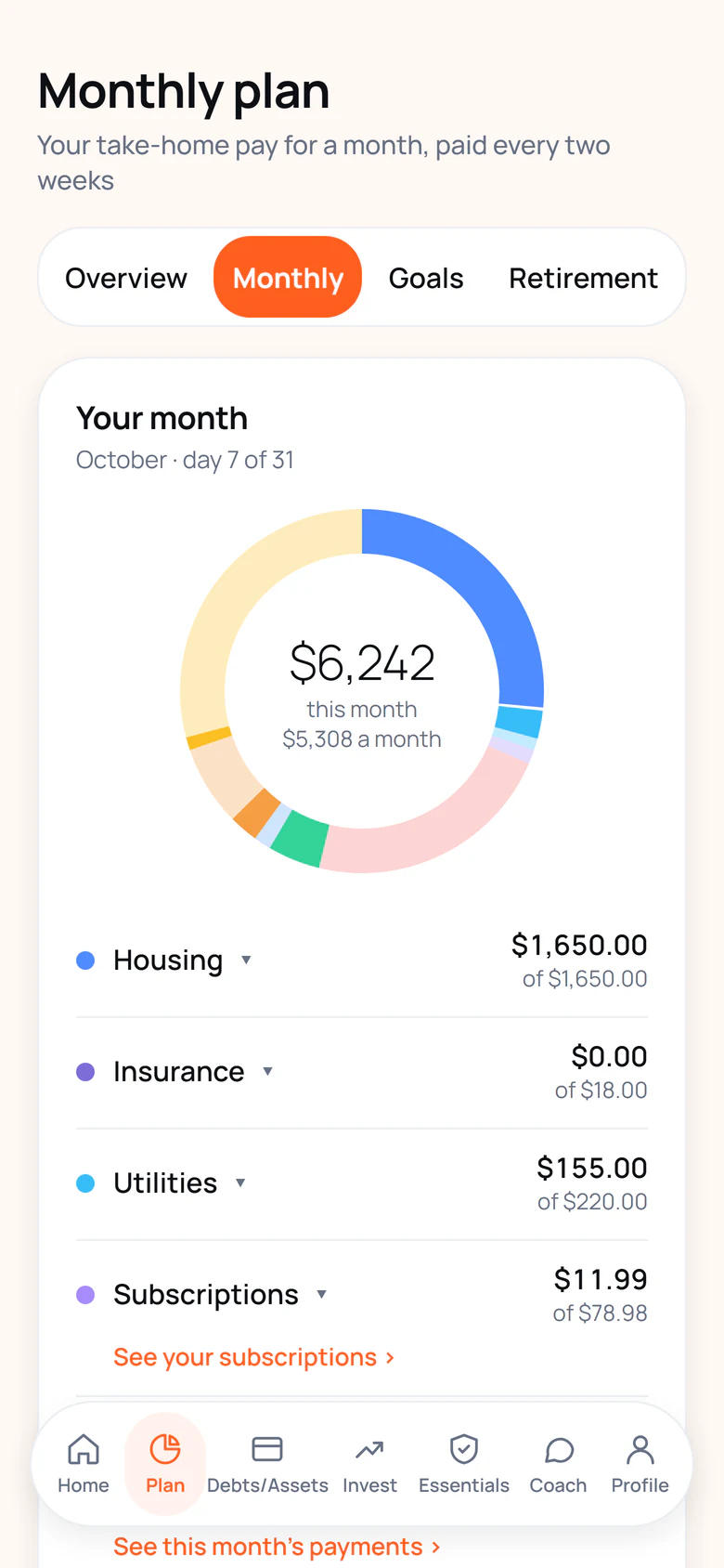 Get Real monthly plan for a sample account: take-home pay for the month, split across housing, insurance, utilities and more.