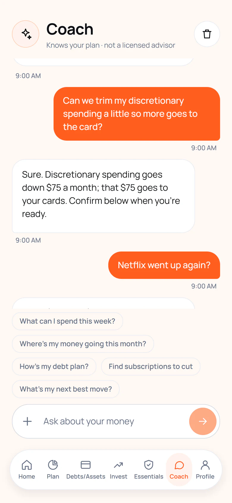 Get Real coach chat for a sample account: the user asks to trim discretionary spending so more goes to the card, and the coach proposes the change and asks them to confirm it.