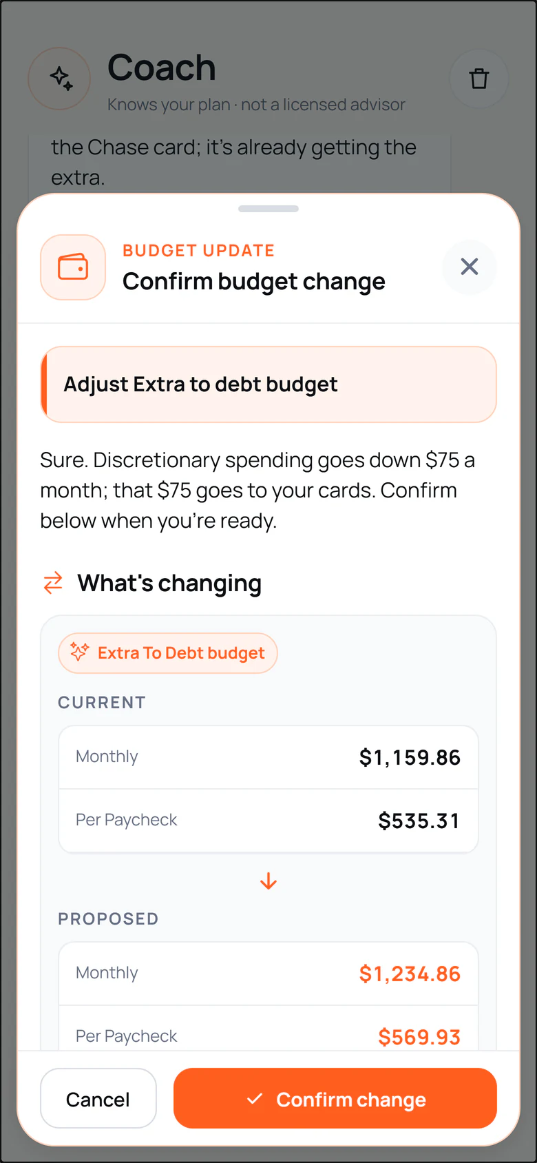 Get Real confirm budget change sheet for a sample account: current and proposed amounts for the extra-to-debt budget, with Cancel and Confirm change buttons.