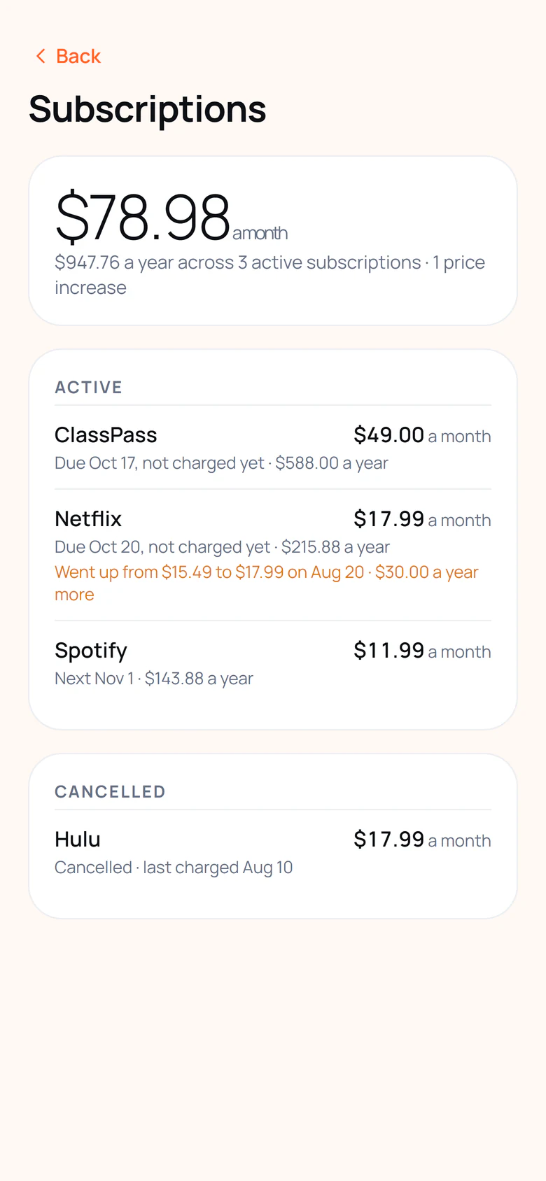 Get Real subscriptions screen for a sample account: recurring charges each month, with a price increase flagged.
