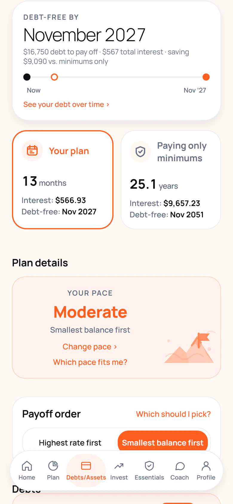 Get Real debt plan screen for a sample account: the debt-free date, and your plan compared with paying only minimums.