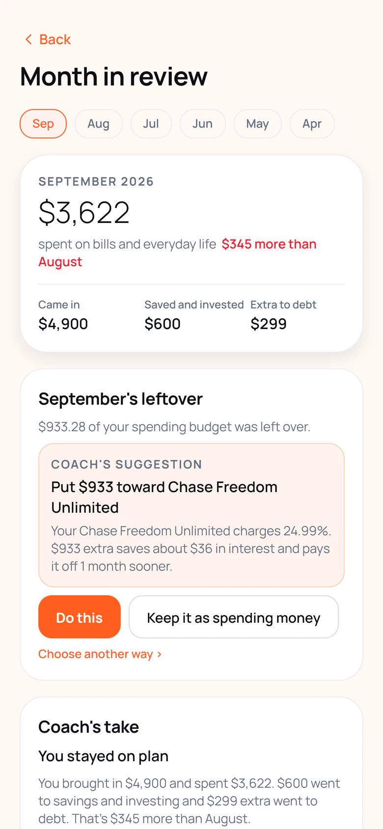 Get Real month in review for a sample account: what came in and went out, last month's leftover, and a coach's suggestion to accept or keep as spending money.